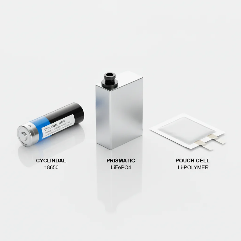 Three EV battery cell formats shown side by side: cylindrical, prismatic, and pouch cells