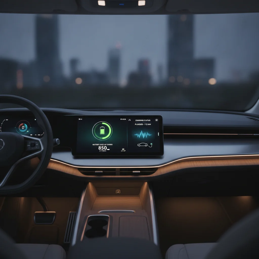 Electric vehicle dashboard showing battery charge level at 80% with range estimate displayed