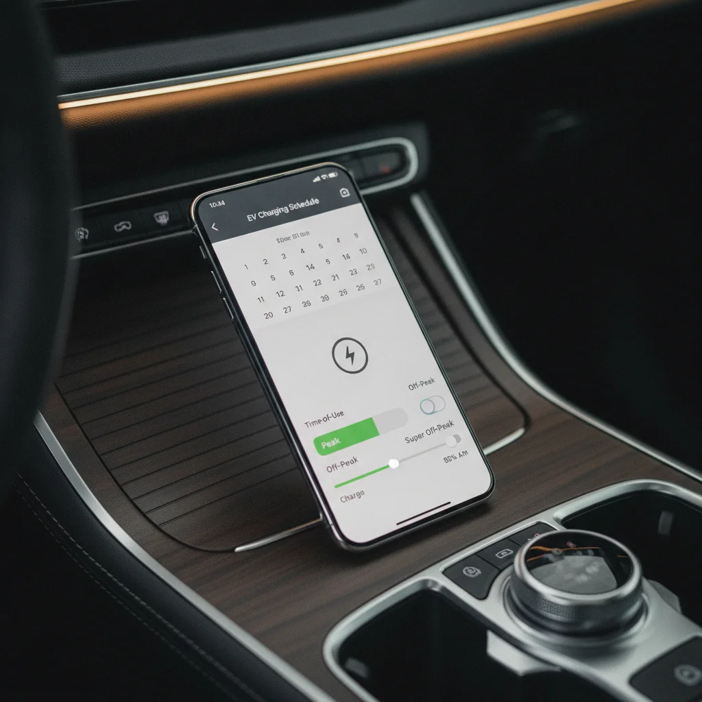 Smartphone displaying an EV charging schedule app with time-of-use rate settings configured