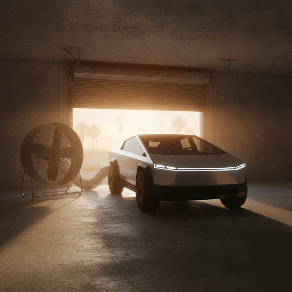 Electric vehicle parked in a shaded garage to protect the battery from extreme heat outdoors