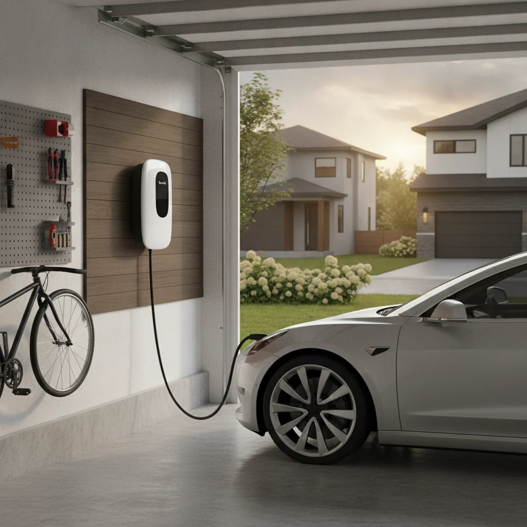 Level 2 EV home charging station mounted on garage wall with cable connected to electric vehicle