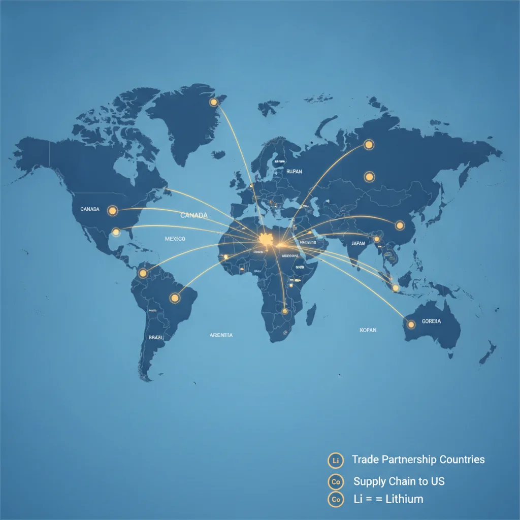 World map showing U.S. qualifying free trade agreement and critical minerals agreement partner countries for EV battery sourcing