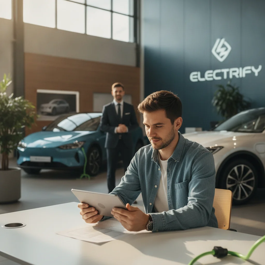 EV buyer reviewing tax credit eligibility documentation on a tablet at a car dealership showroom