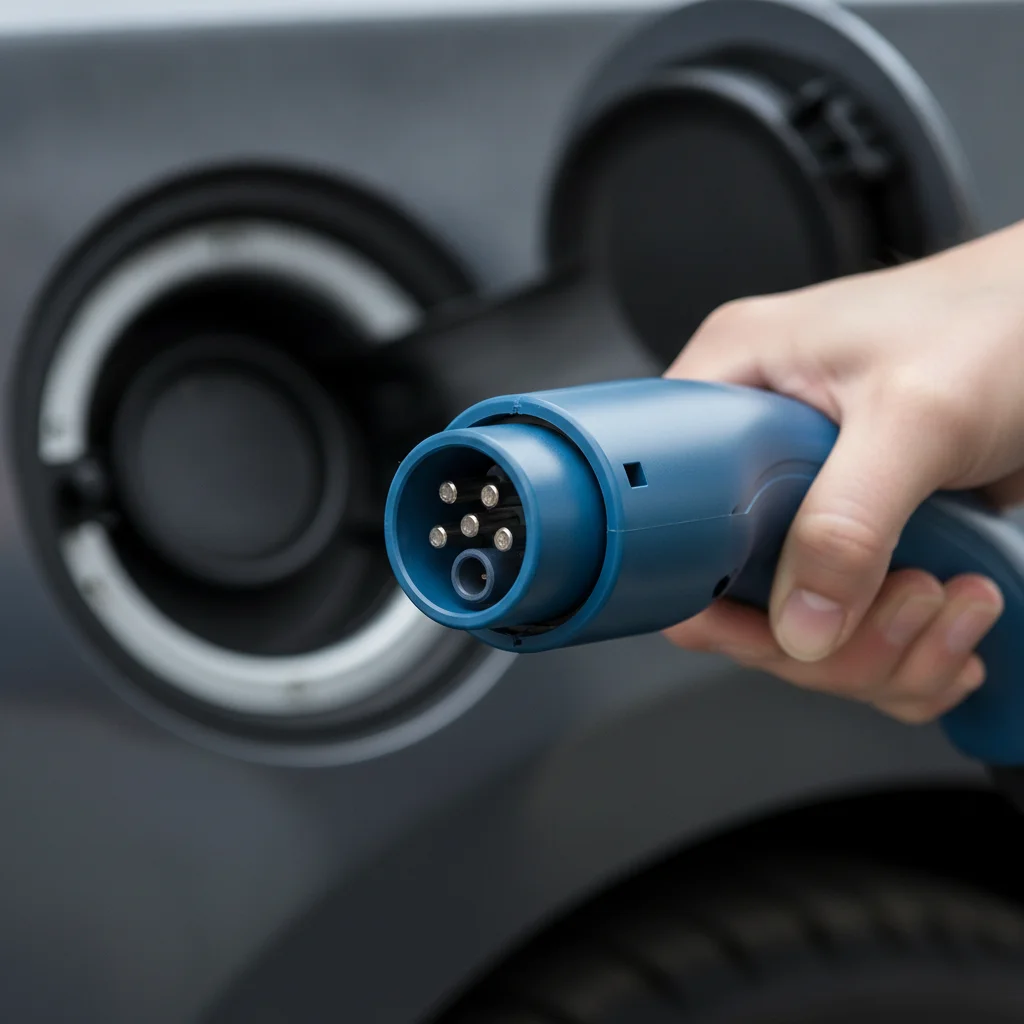 A J1772 Level 2 EV charging connector held near a vehicle charging inlet