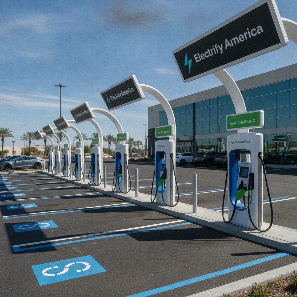 Electrify America DC fast charging station with multiple CCS charging cables in a parking lot