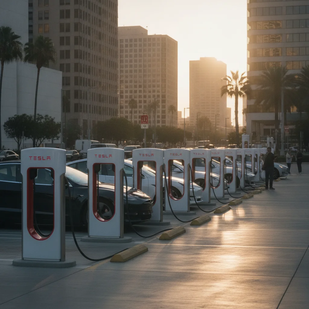 A row of Tesla Supercharger stations with NACS connector cables at an urban location