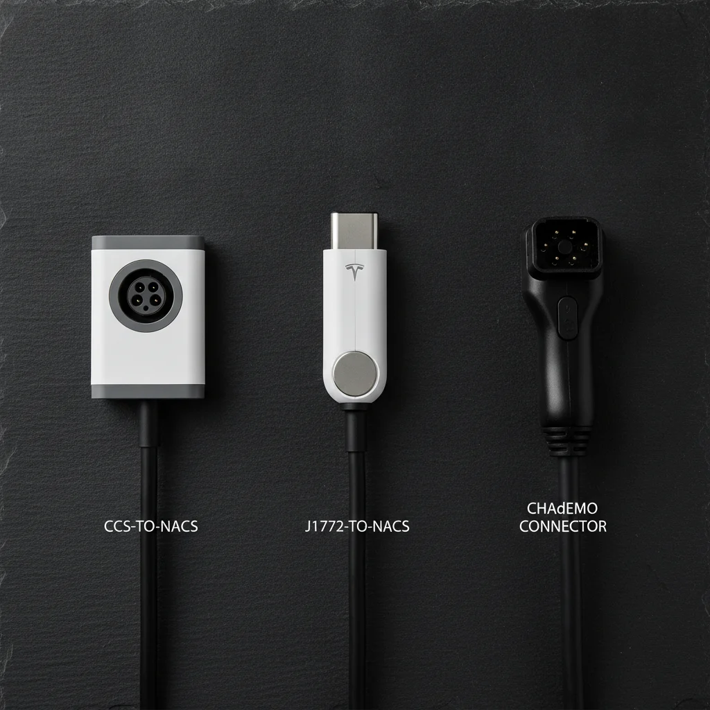 Three EV charging adapters displayed on a dark surface — CCS-to-NACS, J1772-to-NACS, and CHAdeMO