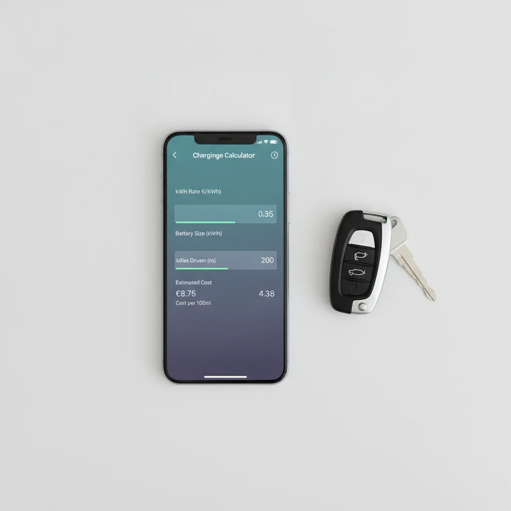 Smartphone showing an EV charging cost calculator app with input fields on a white desk