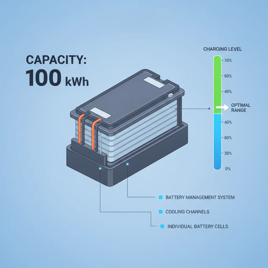 EV battery pack cross-section diagram showing optimal 20 to 80 percent charging range highlighted in green