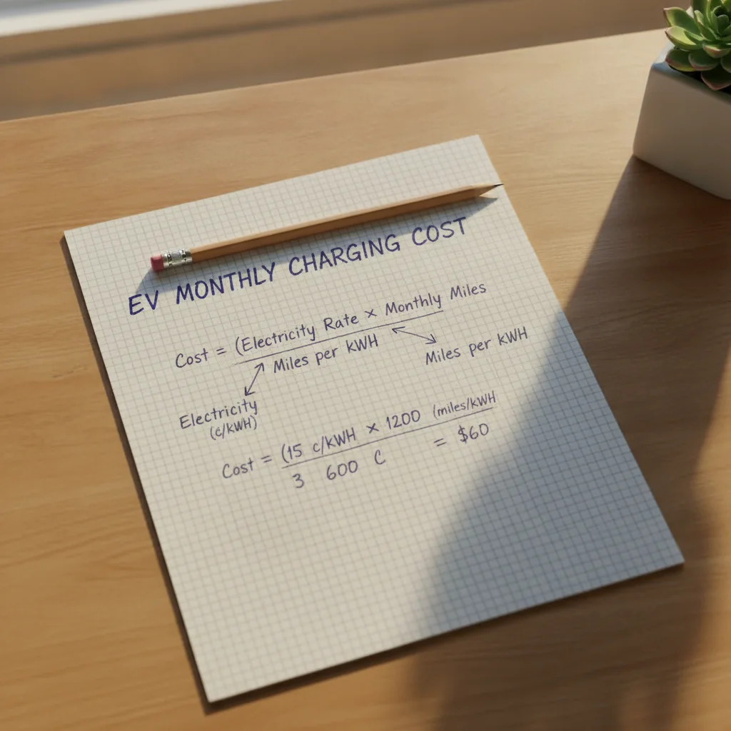 Handwritten EV charging cost formula worksheet on graph paper showing variables and monthly calculation steps
