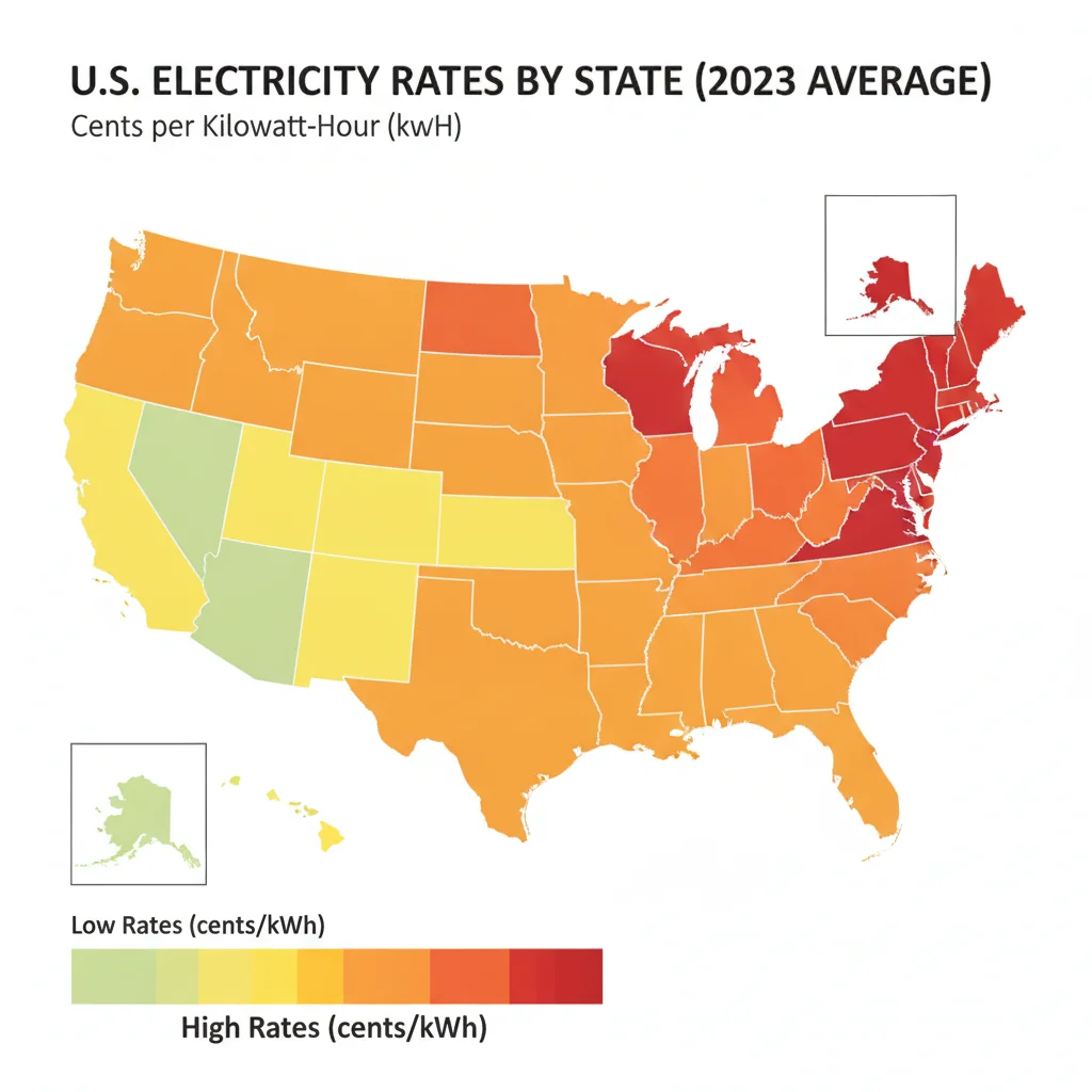 Heat map of U.S. states shaded by residential electricity rate from low to high cost