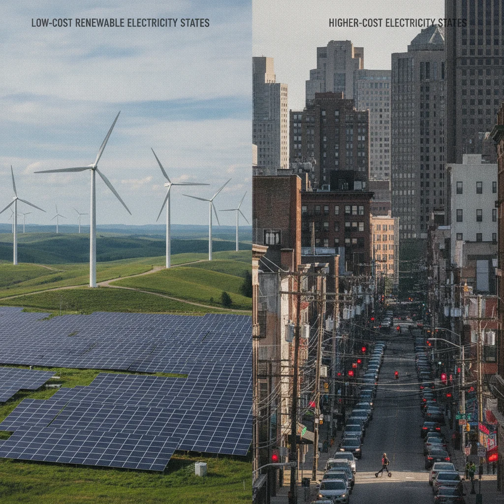 Wind farm and solar panels contrasted with urban power grid infrastructure illustrating electricity cost drivers