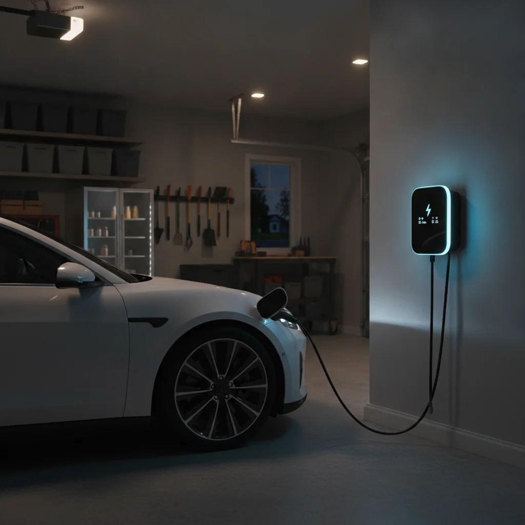 Electric vehicle charging at a home Level 2 charger in a residential garage at night