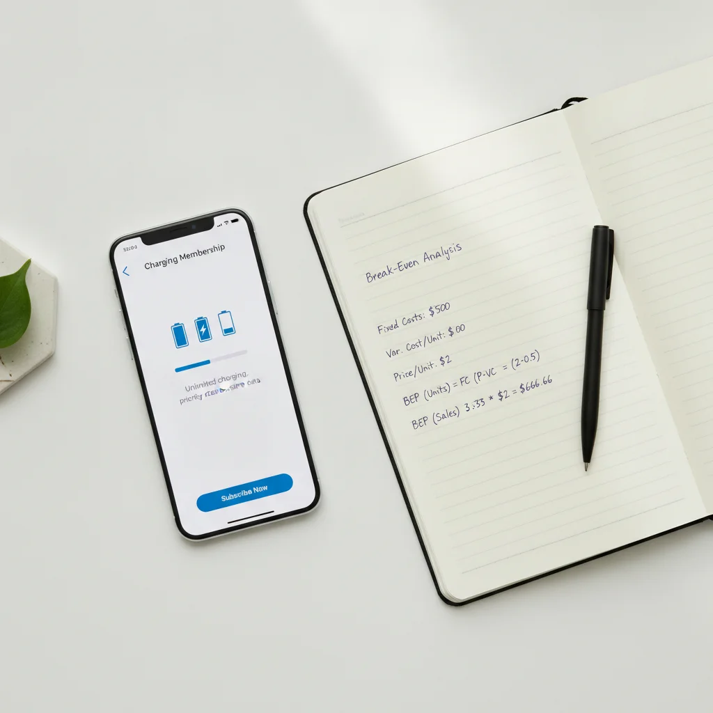 Smartphone with EV charging app membership screen next to handwritten break-even cost calculations on paper