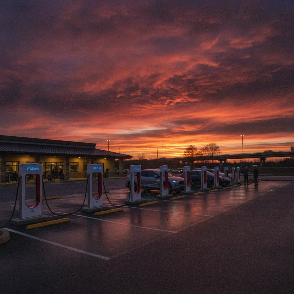 Multiple electric vehicles charging at a highway DC fast charging station row at dusk
