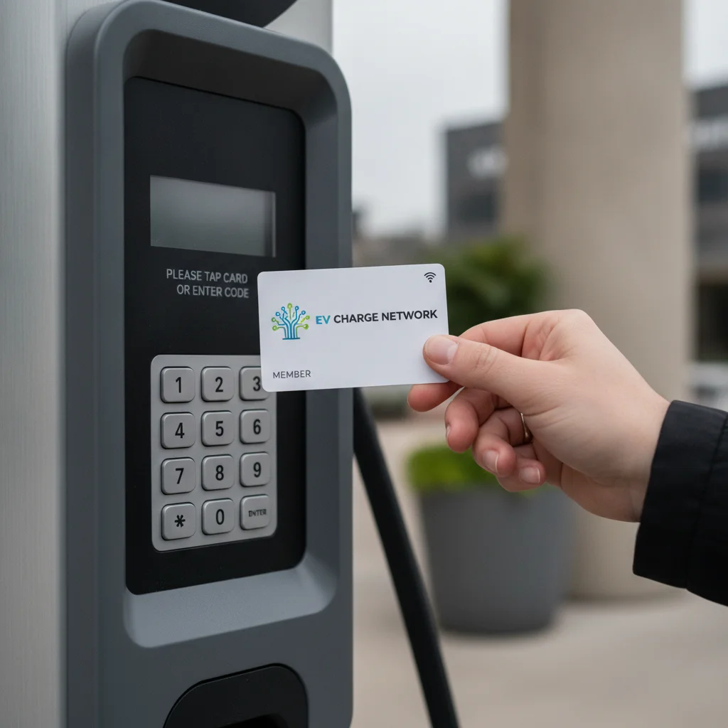 Hand holding an RFID charging network membership card in front of a Level 2 public EV charger