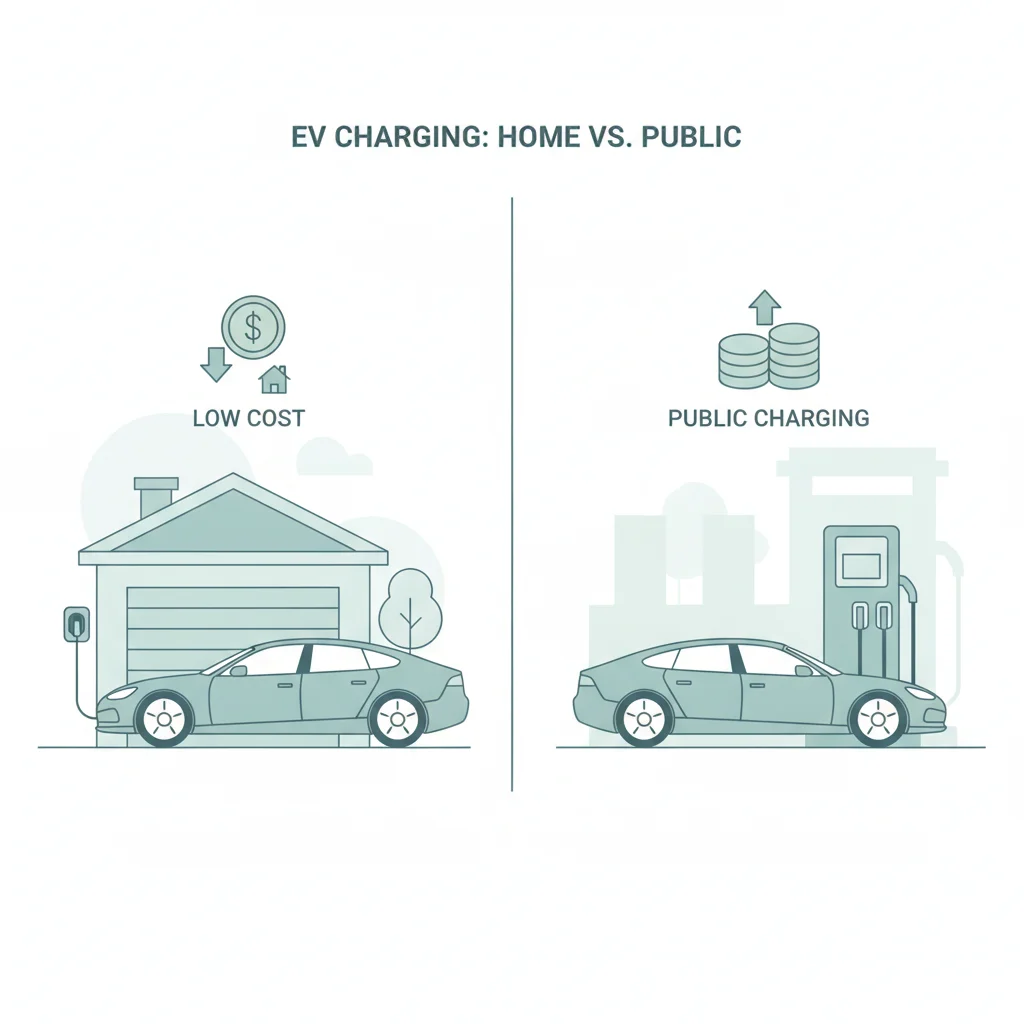 Side-by-side comparison illustration of home EV charging versus public fast charging with cost indicators