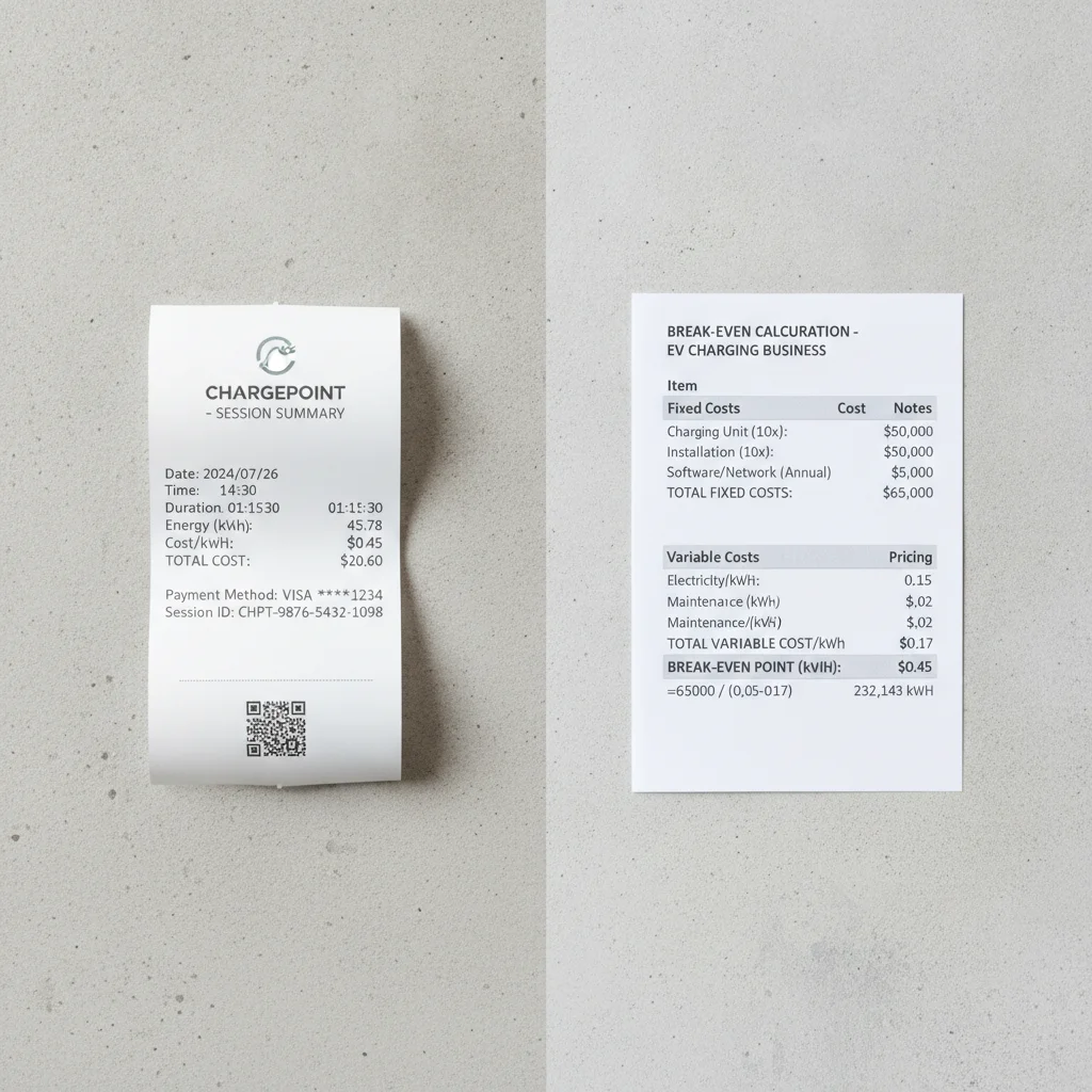 A charging station receipt next to a spreadsheet showing a membership break-even calculation