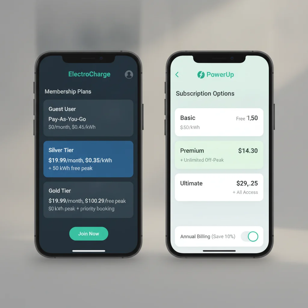 Two smartphone screens showing different charging network membership pricing pages side by side