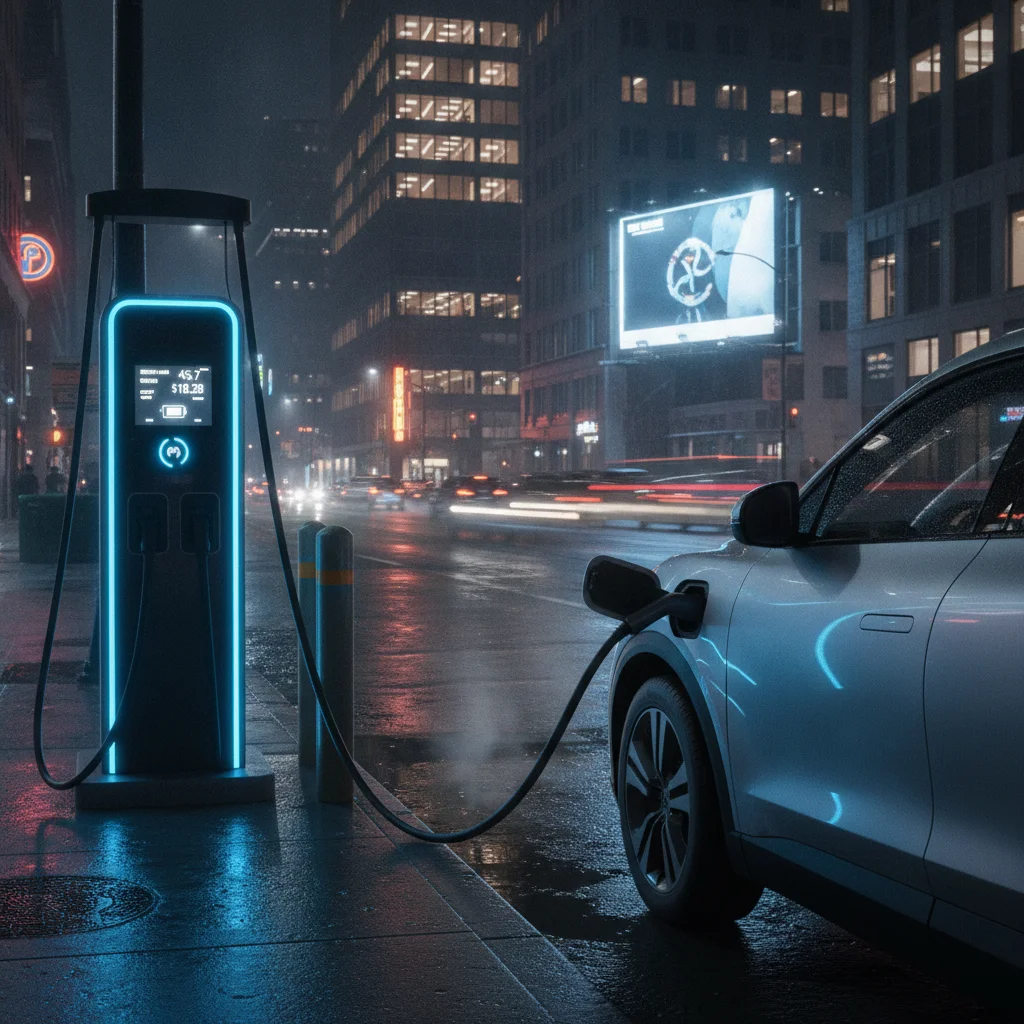 Electric vehicle plugged into a DC fast charger at night with session data displayed on the charger screen