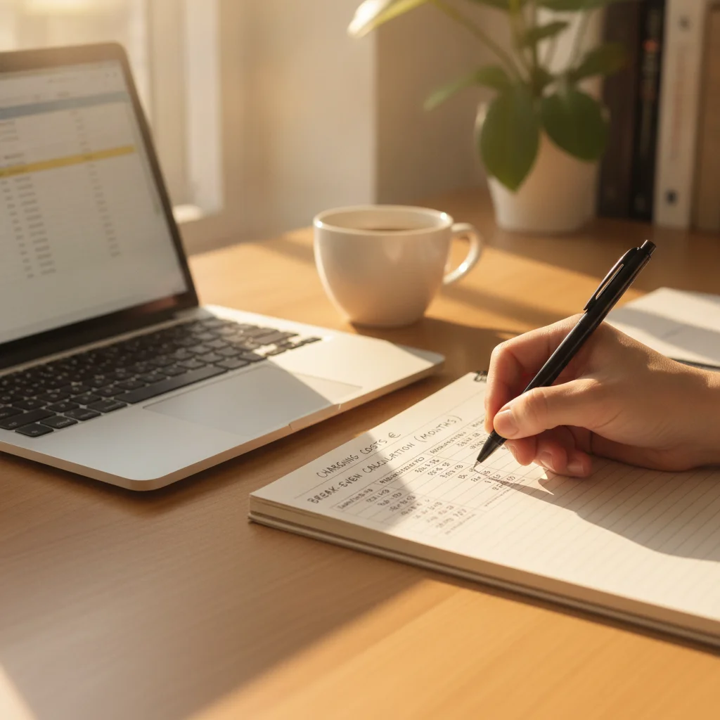 A person writing charging cost and membership break-even calculations in a notebook beside a laptop
