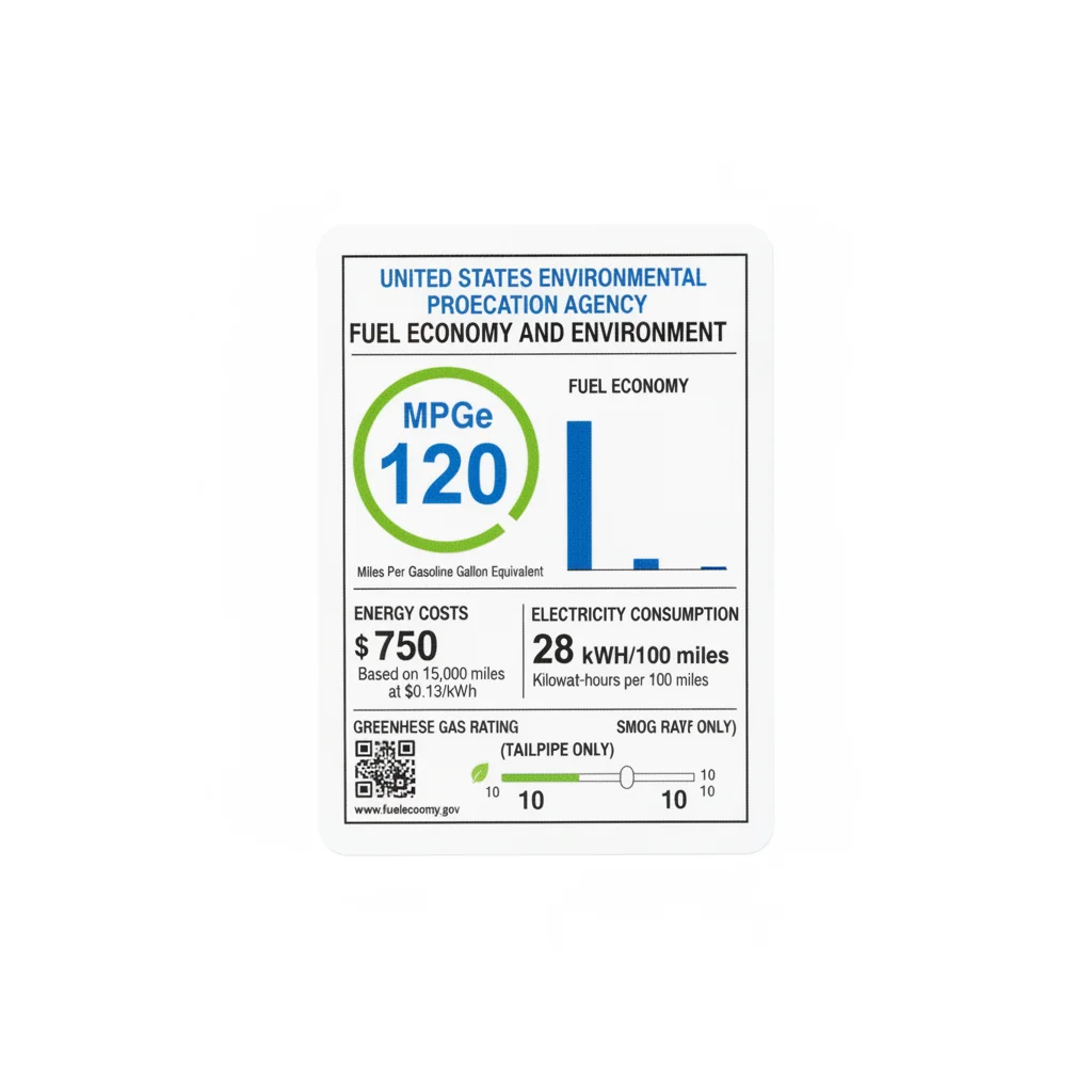 EPA window sticker for an electric vehicle showing MPGe, kWh per 100 miles, and annual fuel cost