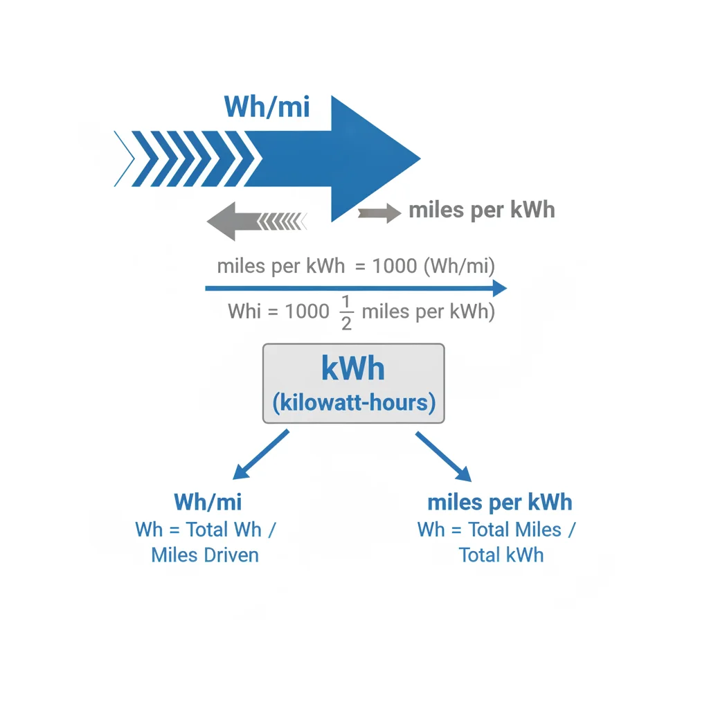 Diagram illustrating the mathematical conversion between Wh per mile and miles per kWh efficiency units