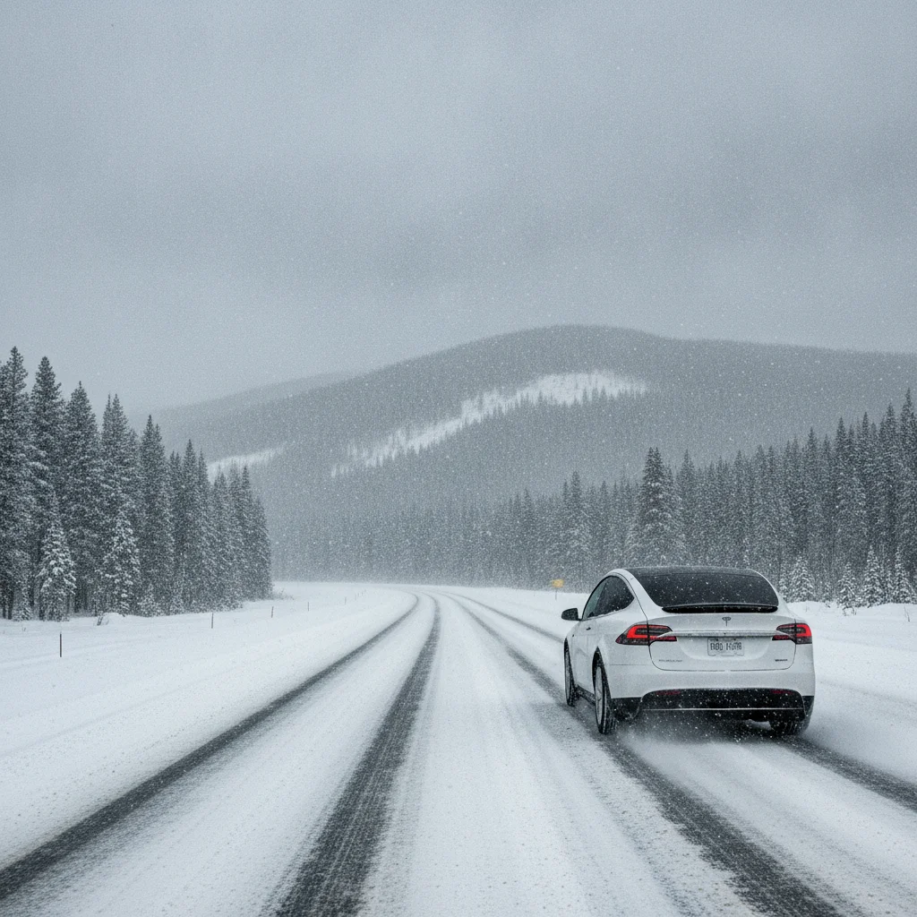 Electric vehicle driving on a snow-covered highway in cold winter weather conditions