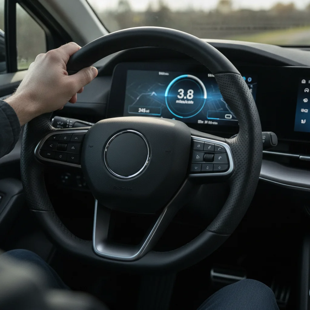 EV driver monitoring real-time miles per kWh and remaining range on the vehicle trip computer display