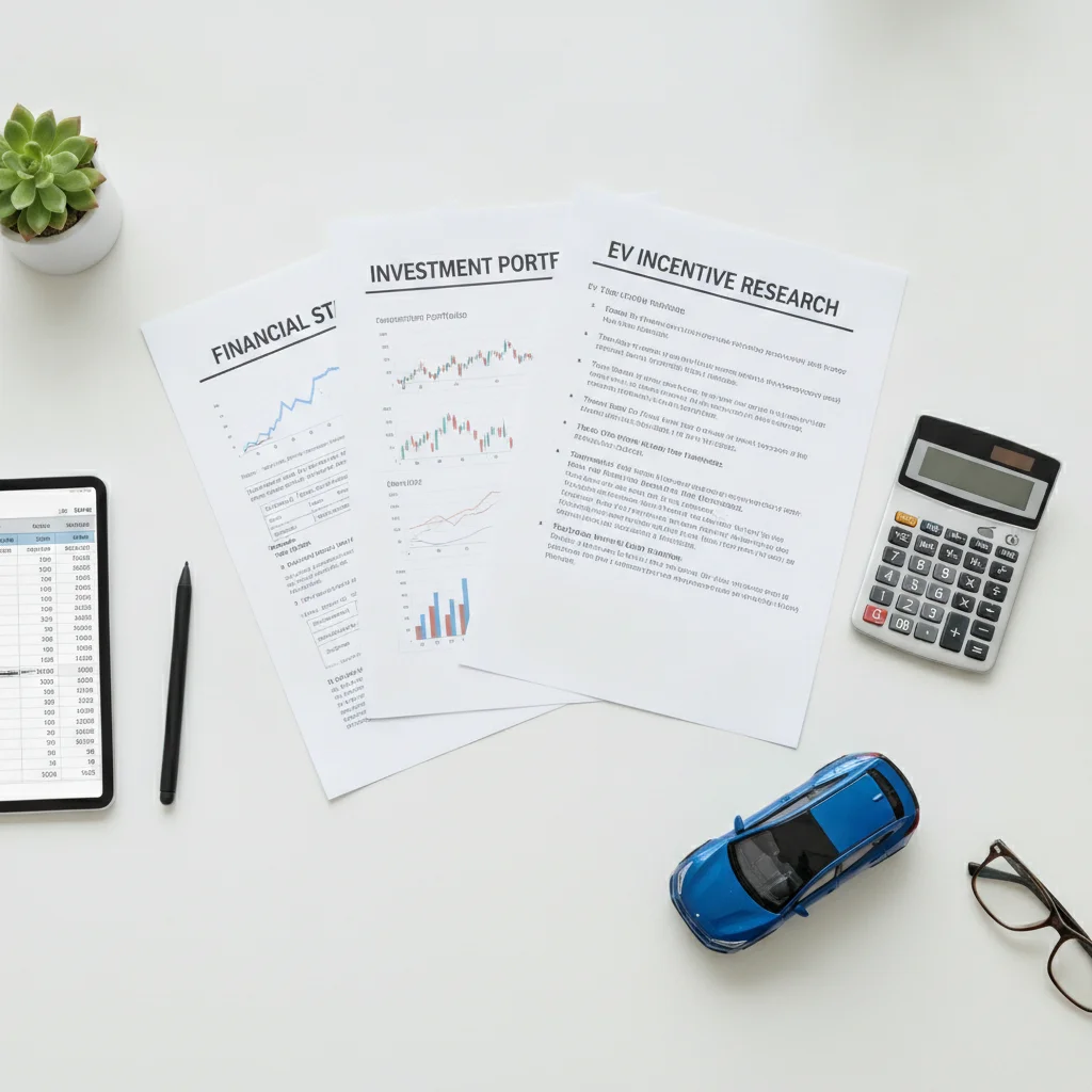 Financial planning documents and calculator alongside a small electric vehicle model on a desk