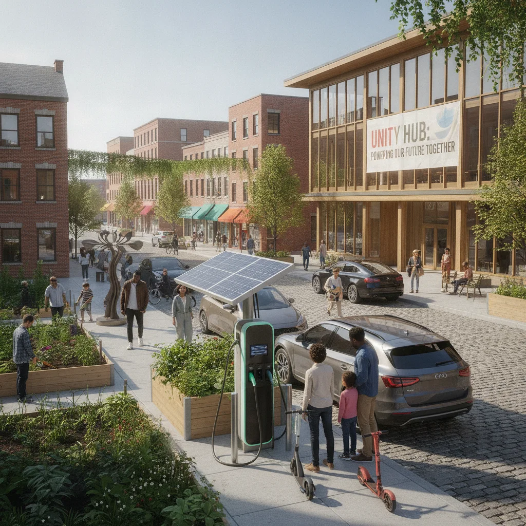 Electric vehicle charging station in front of a community center in an urban neighborhood on a clear day