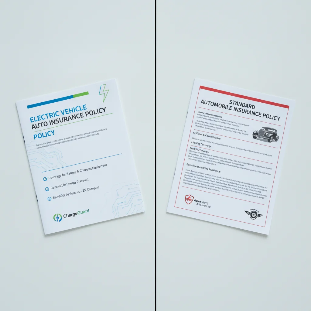 Side-by-side comparison of EV and conventional auto insurance policy documents on a desk