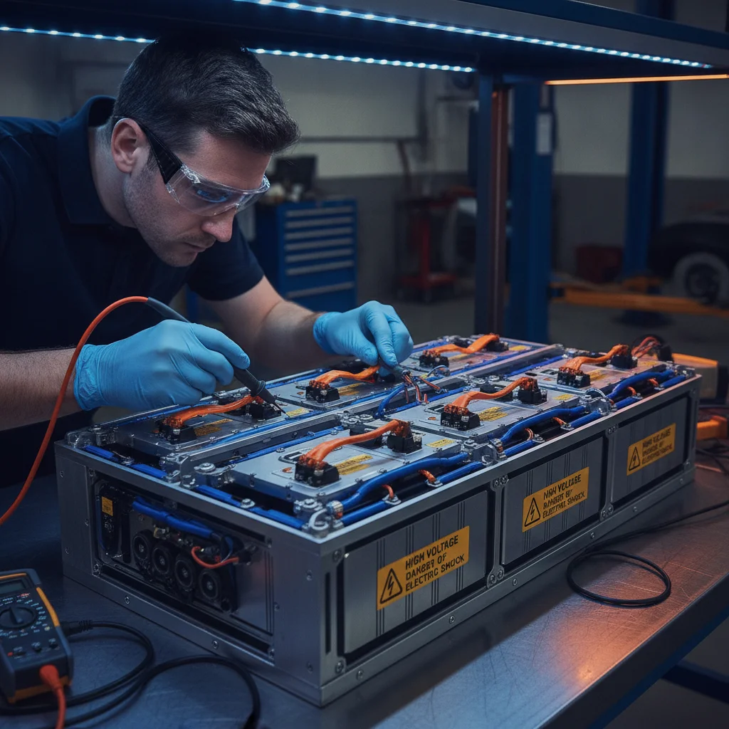 EV battery pack being inspected by a certified technician in an automotive workshop