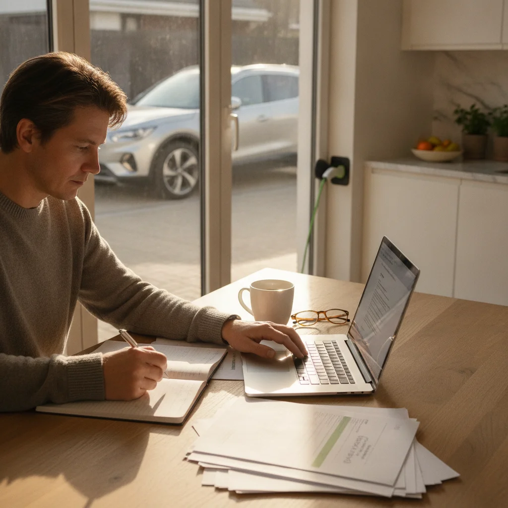 Person comparing EV insurance quotes on a laptop with an electric vehicle charging outside