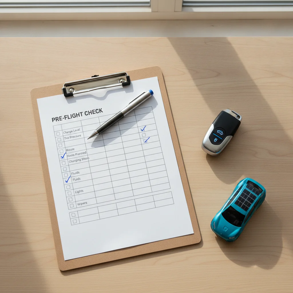 Insurance checklist clipboard with pen and EV key fob on a light wood desk