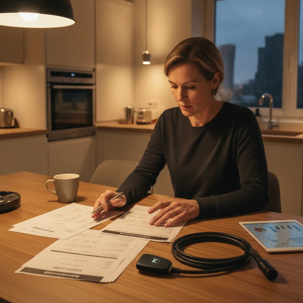 Person reviewing EV insurance documents at kitchen table with charging cable nearby