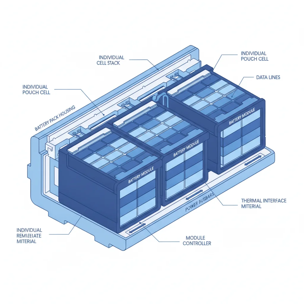 Cross-section illustration of an EV battery pack showing individual cells and module structure