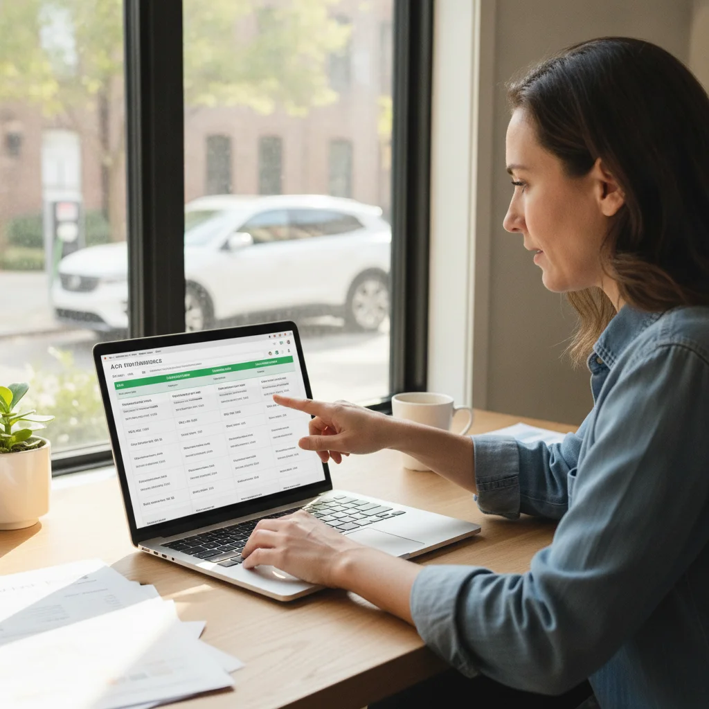 Person comparing EV insurance quotes on laptop with electric vehicle visible in background