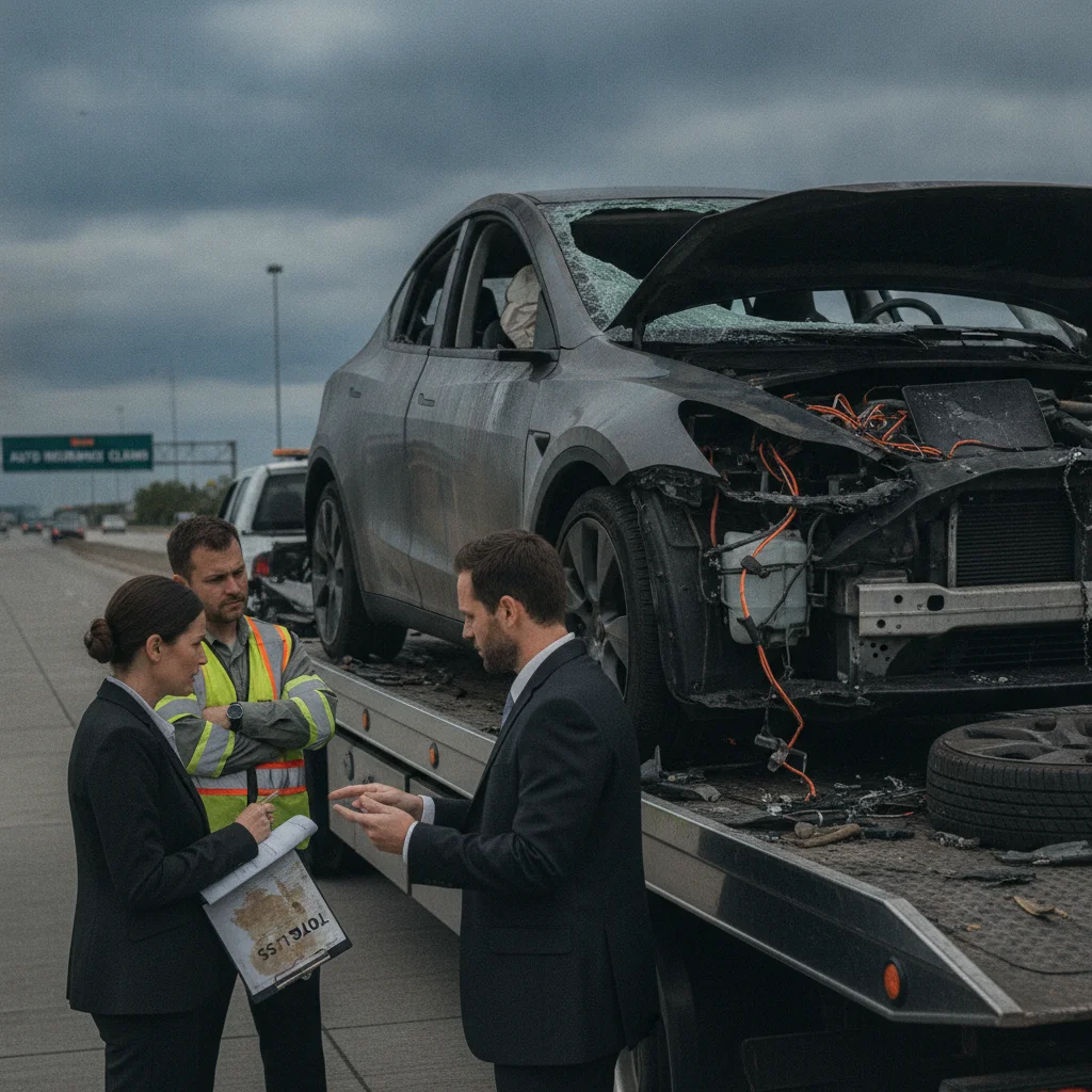 Damaged electric vehicle on a flatbed tow truck after a collision, overcast sky background
