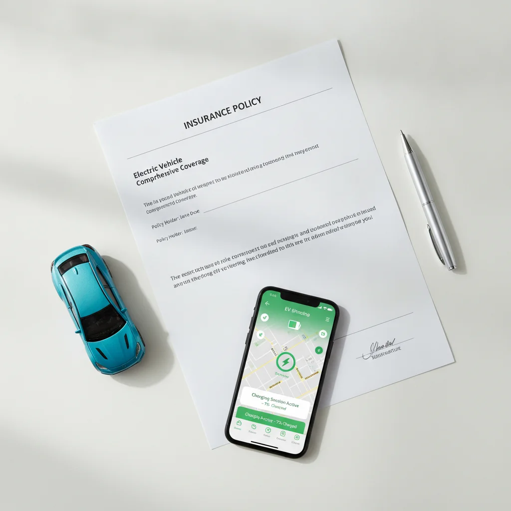 Flat-lay of EV insurance policy documents alongside a smartphone showing a charging app and a small EV model