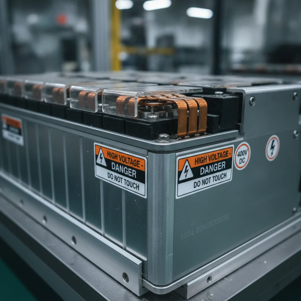 Close-up of an electric vehicle battery module showing orange high-voltage warning labels