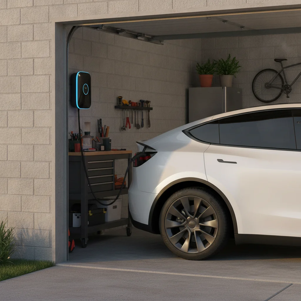 Level 2 EV charging station mounted on garage wall with cable connected to a white electric SUV
