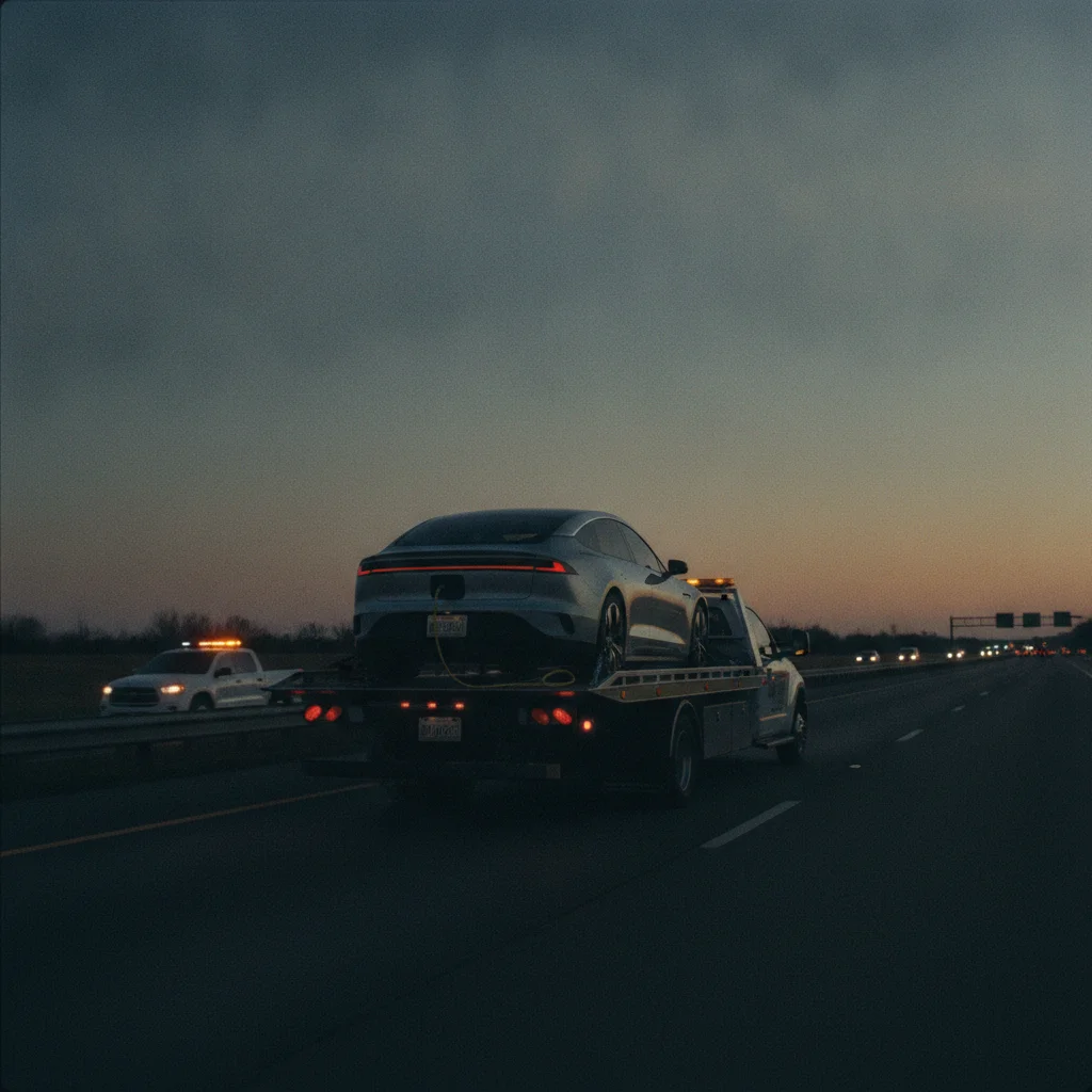 Electric vehicle secured on a flatbed tow truck being transported along a highway at dusk