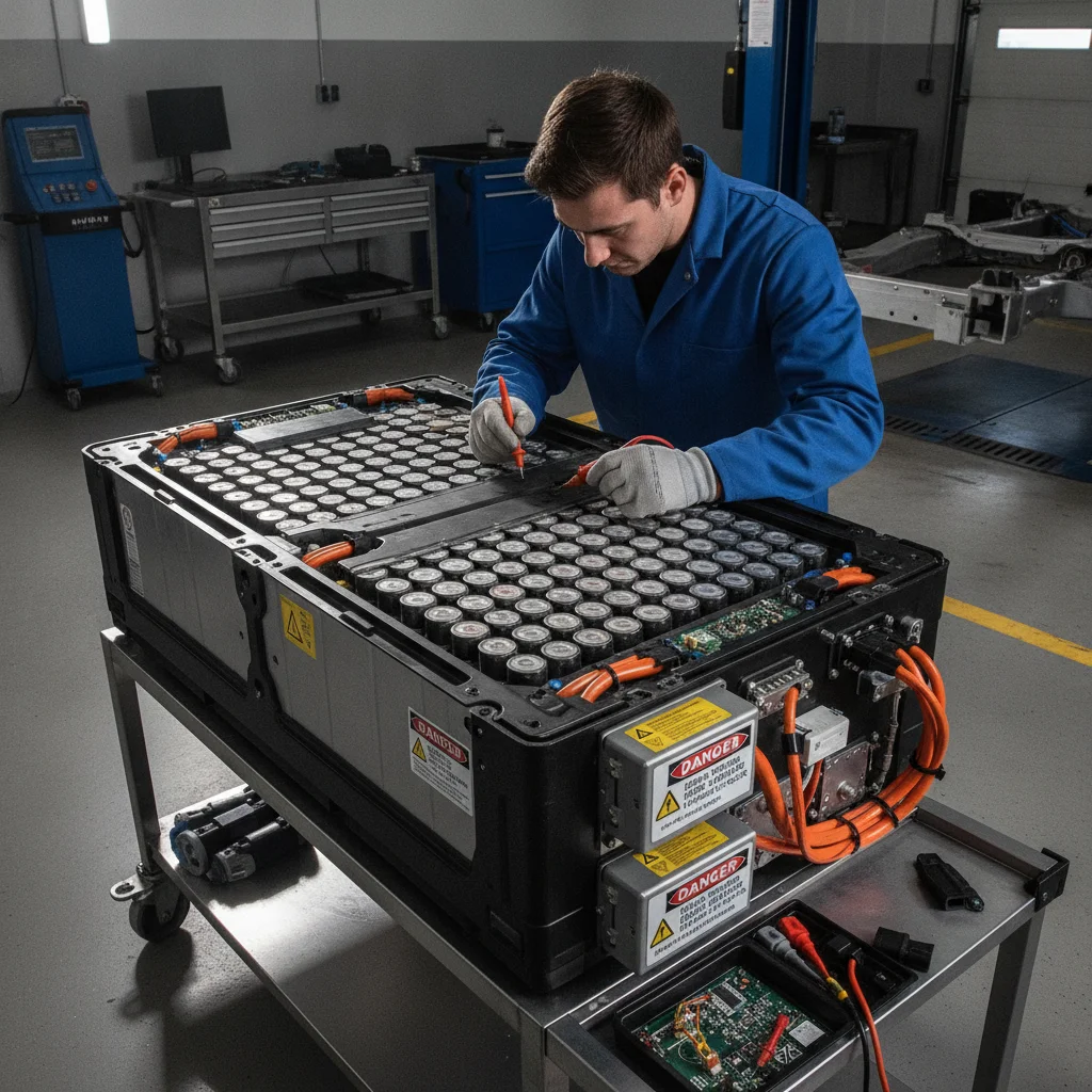Technician inspecting a large EV battery pack in a repair shop with high-voltage warning labels
