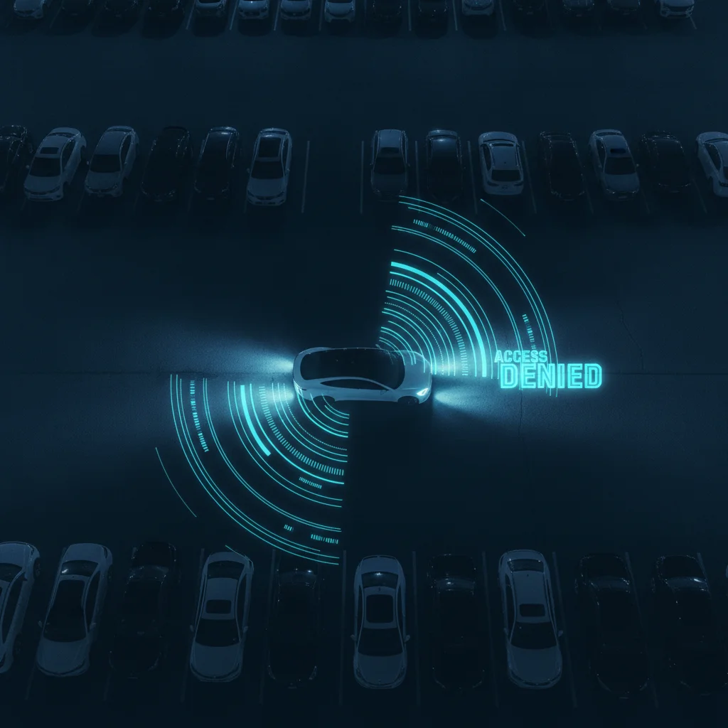 Electric vehicle in a parking lot at night highlighted by a digital keyless entry signal illustration