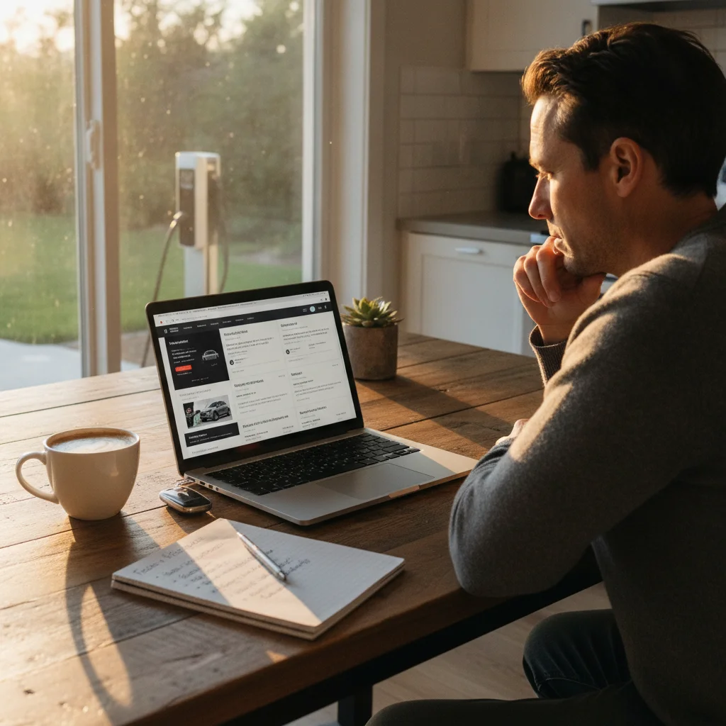 Person comparing EV insurance quotes on a laptop at home with key fob and notepad on the table