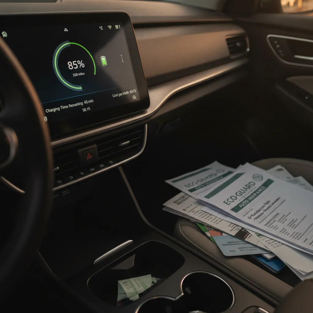 EV dashboard showing battery level with insurance paperwork on passenger seat beside it