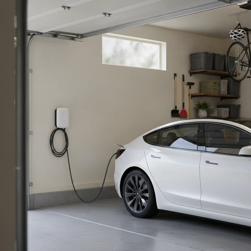 Level 2 home EV charger mounted on a garage wall with an electric vehicle plugged in