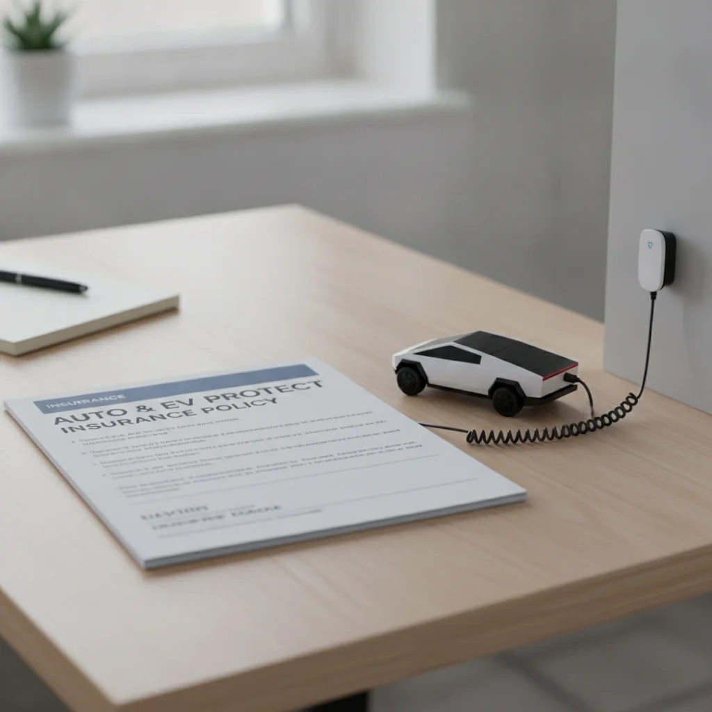 Insurance policy documents on a desk beside an electric vehicle model and charging cable