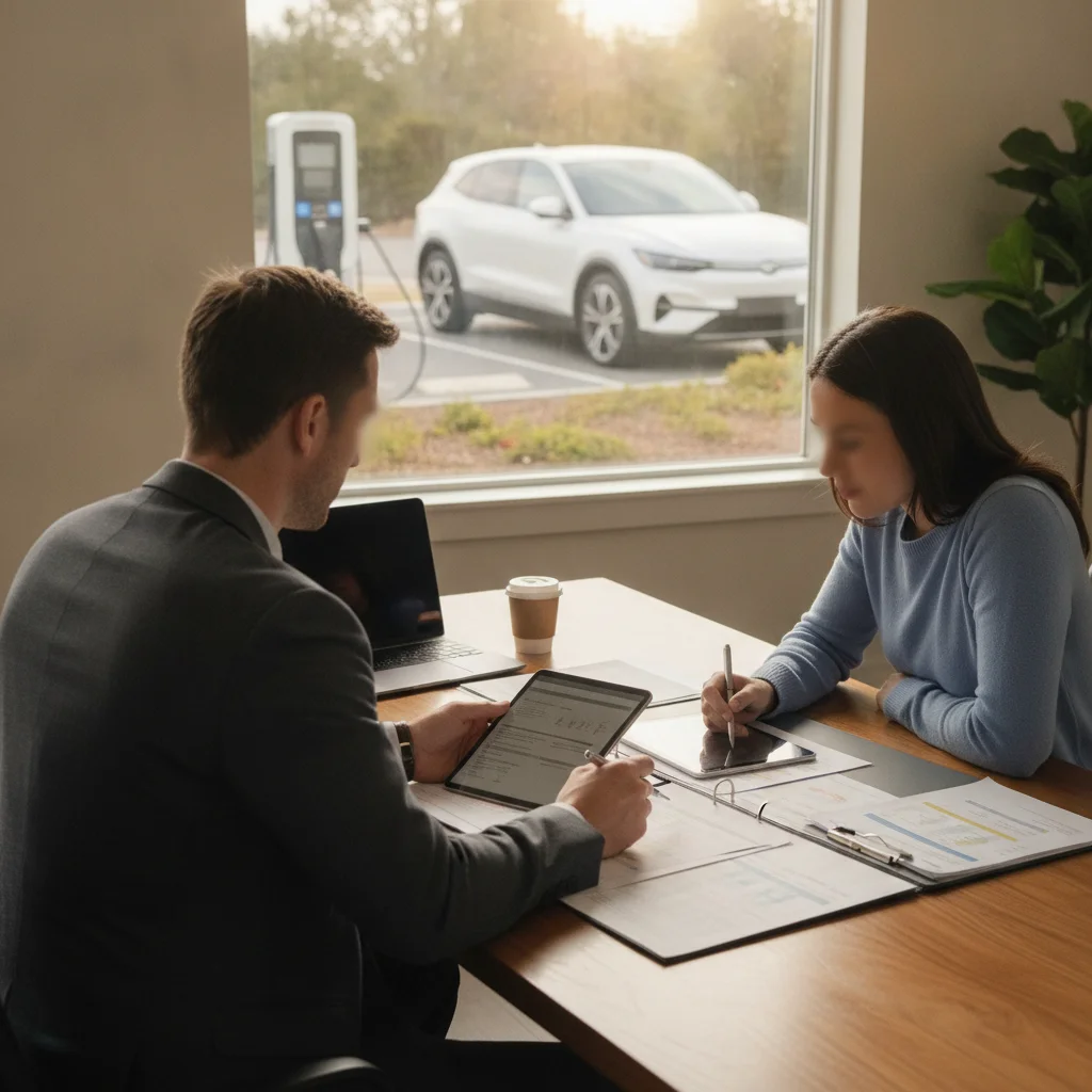 Insurance agent reviewing policy documents with a customer, electric vehicle visible through window